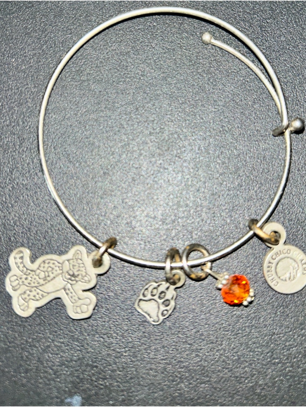 Silver Tone Paw & Cat Charm Bangle Bracelet with Orange Crystal